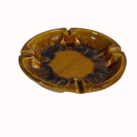 MCM Retro 60s Ashtray USA Pottery Drip Glazed VTG Mustard Yellow Brown Grooves - Picture 12 of 12